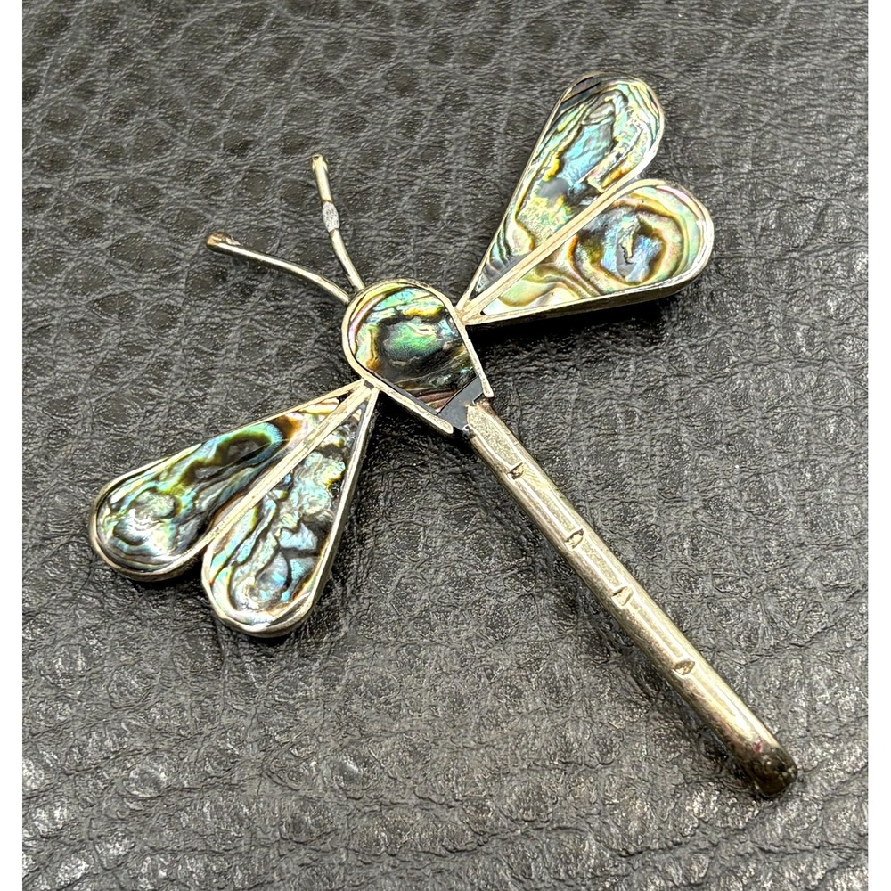 Vintage Alpaca Mexico Silver Tone Abalone Shell Inlay Dragonfly Brooch Pin